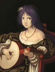 Rule 34 | 1girl, alternate costume, amibazh, bare shoulders, black background, chair, commentary, fine art parody, fingernails, flower, hair flower, hair ornament, instrument, jewelry, juliet sleeves, light smile, lips, long hair, long sleeves, looking at viewer, low-tied long hair, lute (instrument), necklace, nose, parody, puffy sleeves, purple eyes, purple hair, renaissance, renaissance clothes, sitting, solo, touhou, tsukumo benben