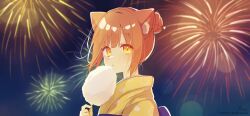Rule 34 | 1girl, aerial fireworks, animal ear fluff, animal ears, brown hair, commentary, copyright request, cotton candy, fireworks, food, hair bun, highres, holding, holding food, japanese clothes, kimono, looking at viewer, night, night sky, obi, outdoors, parted lips, sash, sidelocks, signature, sky, sofra, solo, symbol-only commentary, twitter username, upper body, virtual youtuber, yellow eyes, yellow kimono