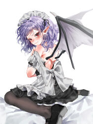 Rule 34 | 1girl, absurdres, alternate costume, apron, back, bare shoulders, bat wings, black dress, black footwear, black pantyhose, black wings, blush, bow, closed mouth, commentary request, dress, from behind, highres, looking at viewer, maid headdress, off shoulder, pantyhose, pointy ears, purple hair, red eyes, remilia scarlet, short hair, simple background, sitting, solo, touhou, tsuyuji shigure, v-shaped eyebrows, waist bow, wariza, white apron, white background, white bow, white headdress, wings