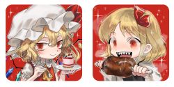 Rule 34 | &gt;:&gt;, 2girls, :&gt;, :d, ascot, black vest, blonde hair, boned meat, border, cake, carbonara hontyotyo, closed mouth, collared shirt, crystal, dot nose, eyebrows, eyelashes, fingernails, flandre scarlet, food, frilled hat, frilled shirt collar, frills, fruit, hair ornament, hair ribbon, hat, hat ribbon, heavy breathing, holding, holding food, holding spoon, long sleeves, looking at viewer, looking away, looking down, meat, medium hair, mob cap, multiple girls, open mouth, plate, puffy short sleeves, puffy sleeves, red background, red eyes, red ribbon, red vest, ribbon, rounded corners, rumia, sharp teeth, shirt, short hair, short sleeves, side ponytail, slit pupils, smile, sparkle, spoon, strawberry, sweets, swept bangs, tareme, teeth, thick eyebrows, tongue, touhou, tsurime, upper body, v-shaped eyebrows, vest, white border, white hat, white shirt, wings, yellow ascot