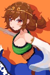 Rule 34 | 1girl, bare shoulders, blush, breasts, brown hair, circlet, cleavage, commentary, dress, english commentary, holding, large breasts, looking at viewer, low twintails, medium breasts, multicolored clothes, multicolored dress, orange background, pixel art, red eyes, rioku, simple background, single-shoulder dress, solo, son biten, touhou, twintails, v-shaped eyebrows