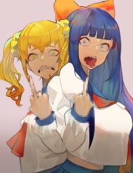 Rule 34 | 10s, 2girls, blonde hair, blue eyes, blue hair, blue skirt, blunt bangs, bow, breasts, censored, censored gesture, clenched teeth, grey skirt, hair bow, kibadori rue, large breasts, long sleeves, looking at viewer, middle finger, mosaic censoring, multiple girls, neckerchief, open mouth, pipimi, pleated skirt, poptepipic, popuko, red bow, red neckerchief, sanpaku, school uniform, serafuku, sharp teeth, shirt, skirt, teeth, tongue, tongue out, twintails, white shirt, yellow eyes