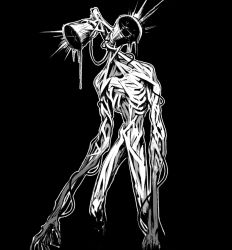 Rule 34 | black background, claws, glowing, greyscale, horror (theme), kadabura, megaphone, monochrome, monster, no humans, original, ribs, simple background, siren head, solo, standing, tagme, wire