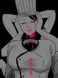 Rule 34 | 1girl, blood, blood from mouth, bloody tears, breasts, chainsaw man, character name, chef, chef hat, closed eyes, commentary request, extra arms, falling devil (chainsaw man), flat top chef hat, greyscale, hat, holding head, large breasts, monochrome, nosebleed, severed head, smile, solo, spot color, upper body, yaduki sakura