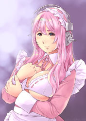 Rule 34 | 1girl, alternate costume, blush, bra, breasts, brown eyes, cleavage, enmaided, frills, headphones, highres, kantori, large breasts, looking at viewer, maid, maid headdress, nitroplus, open clothes, pink hair, smile, solo, super sonico, underwear
