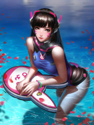 Rule 34 | 1girl, adapted costume, animal print, artist name, bare shoulders, blue one-piece swimsuit, bracelet, breasts, brown eyes, brown hair, d.va (overwatch), eyelashes, facepaint, facial mark, fingernails, headphones, highres, jewelry, kickboard, leaning forward, liang xing, lips, long hair, looking at viewer, nail polish, nose, one-piece swimsuit, outdoors, overwatch, overwatch 1, parted lips, patreon username, petals, pink lips, pink nails, pool, rabbit print, ripples, shallow water, signature, sleeveless, small breasts, solo, swept bangs, swimsuit, wading, water, watermark, web address, whisker markings