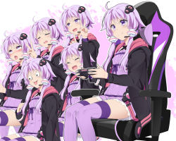 Rule 34 | 1girl, ahegao, ahoge, arms up, black jacket, blush, chair, character sheet, closed eyes, commentary, controller, criss-cross halter, double v, dress, expressions, finger to own chin, furrowed brow, game controller, gaming chair, hair ornament, hair tubes, halterneck, headset, hip gear, holding, holding controller, holding game controller, hood, hooded jacket, jacket, mtu (orewamuzituda), open mouth, outstretched arms, purple dress, purple eyes, purple hair, purple thighhighs, raised eyebrow, short hair with long locks, sidelocks, sitting, smile, standing, swivel chair, thighhighs, v, v-shaped eyebrows, vocaloid, voiceroid, yuzuki yukari, zettai ryouiki