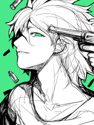 Rule 34 | 1boy, alternate eye color, bullet, collarbone, commentary request, danganronpa (series), danganronpa 2: goodbye despair, green background, green eyes, green theme, gun, hair between eyes, highres, hitoto, holding, holding gun, holding weapon, komaeda nagito, looking at viewer, male focus, parted lips, profile, shirt, short hair, simple background, sketch, smile, solo, spot color, teeth, upper body, weapon