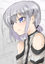 Rule 34 | 1boy, alternate hairstyle, bad id, bad pixiv id, bare shoulders, blush, clothing cutout, embarrassed, ernesti echevalier, hair ornament, hair up, hairclip, highres, knight&#039;s and magic, kyouwa, male focus, ponytail, short hair, short ponytail, shoulder cutout, silver hair, sketch, smile, solo, sweatdrop, trap