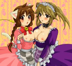 Rule 34 | &gt; &lt;, 2girls, animal ears, apron, asymmetrical docking, bell, blonde hair, blush, braid, grabbing another&#039;s breast, breast press, breastless clothes, breasts, brown eyes, brown hair, cat ears, cat tail, detached collar, embarrassed, closed eyes, fang, flat chest, grabbing, highres, jingle bell, kemonomimi mode, large breasts, lips, long hair, looking at viewer, madotsuki, maid, maid apron, maid headdress, misochige, multiple girls, nipples, open mouth, paw pose, pink shirt, red eyes, shirt, small breasts, tail, twin braids, twintails, urotsuki, wavy mouth, yellow eyes, yume 2kki, yume nikki, yuri