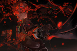 Rule 34 | 1boy, aiming, armor, black gloves, branch, closed mouth, dark, flower, from side, frown, gloves, holding, holding sword, holding weapon, japanese armor, koby, long sleeves, looking away, looking to the side, male focus, ookanehira (touken ranbu), outstretched arm, petals, red flower, red hair, red theme, solo, sword, touken ranbu, upper body, weapon