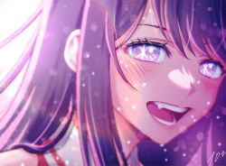 Rule 34 | 10ttruck, 1girl, blush, commentary, highres, hoshino ai (oshi no ko), looking at viewer, open mouth, oshi no ko, portrait, purple eyes, purple hair, signature, smile, solo, star-shaped pupils, star (symbol), symbol-shaped pupils, teeth