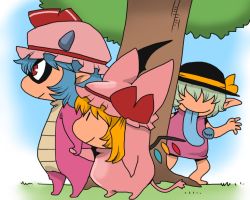 Rule 34 | 3girls, alternate costume, animal costume, blonde hair, blue hair, dragon, dragon costume, dragon quest, female focus, flandre scarlet, green hair, holding hands, hat, hat ribbon, hat with ears, komeiji koishi, long tongue, mask, mouth mask, multiple girls, onikobe rin, pointy ears, red eyes, remilia scarlet, ribbon, short hair, siblings, side ponytail, sisters, smile, third eye, tongue, tongue out, touhou, tree, wings