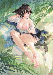 Rule 34 | 1girl, ahoge, arm up, atdan, bag, bare shoulders, barefoot, barefoot sandals (jewelry), black hair, black skirt, bra, breasts, button gap, cleavage, collarbone, collared shirt, feet, hair ornament, halterneck, highres, large breasts, looking at viewer, miniskirt, off shoulder, open clothes, open shirt, original, parted lips, phone, pink bra, pleated skirt, red eyes, revision, see-through, shirt, short hair, sidelocks, skirt, solo, spread toes, string bra, thighs, toes, underwear, wet, wet clothes, wet shirt, white shirt