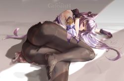 Rule 34 | 1girl, absurdres, artist request, ass, bare shoulders, cameltoe, dress, genshin impact, gloves, hair ornament, hairpin, highres, keqing (genshin impact), long hair, lying, on side, pantyhose, purple eyes, purple hair, shiny, shiny clothes, shiny hair, skirt, solo, suggestive fluid, twintails, upskirt, very long hair
