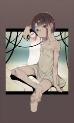 Rule 34 | 1girl, asymmetrical hair, breasts, brown eyes, brown hair, cable, camisole, collagen, dress, feet, gradient background, iwakura lain, looking at viewer, navel, serial experiments lain, sitting, small breasts, smile, spread legs, white dress