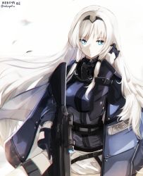 Rule 34 | 1girl, an-94, an-94 (girls&#039; frontline), assault rifle, black gloves, black hairband, blue eyes, closed mouth, commentary, girls&#039; frontline, gloves, gun, hairband, hand in own hair, hand up, highres, holding, holding gun, holding weapon, jacket, long hair, looking away, looking to the side, name connection, nekoya (liu), object namesake, purple jacket, revision, rifle, short shorts, shorts, sidelocks, solo, trigger discipline, twitter username, very long hair, weapon, white background, white hair, white shorts
