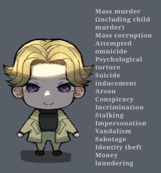 Rule 34 | 1boy, black shirt, blonde hair, brown footwear, chibi, closed mouth, english text, forehead, full body, green jacket, green pants, grey background, hair intakes, happy, highres, jacket, johan liebert, kineelaw, long sleeves, male focus, monster (manga), open clothes, open jacket, pants, parted bangs, purple eyes, shirt, shoes, short hair, sidelocks, simple background, smile, solo, standing, straight-on, text focus