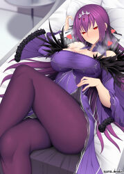 Rule 34 | 1girl, bare shoulders, blush, breasts, cleavage, closed mouth, clothes lift, commentary request, crossed legs, detached collar, dress, dress lift, fate/grand order, fate (series), feather trim, hair between eyes, heart, highres, jewelry, large breasts, lifting own clothes, long hair, long sleeves, looking at viewer, lying, on back, on bed, pantyhose, pendant, purple dress, purple hair, purple pantyhose, red eyes, scathach (fate), scathach skadi (fate), solo, textless version, thighs, tiara, twitter username, unadon