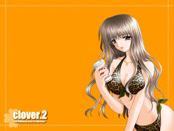 Rule 34 | 1girl, animal print, bikini, breasts, brown hair, cleavage, clover, clover (game cg), highres, jewelry, large breasts, leopard print, long hair, necklace, nishimata aoi, orange background, solo, swimsuit, wallpaper