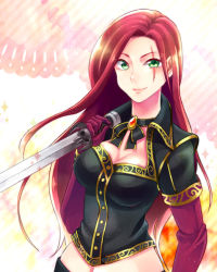 Rule 34 | 1girl, bow, breasts, cleavage, gloves, green eyes, high command katarina, katarina (league of legends), knife, league of legends, long hair, midriff, mizoreame, navel, red hair, scar, smile, solo, sparkle, weapon
