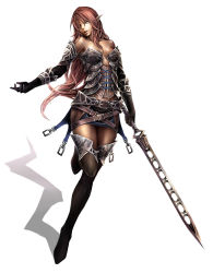 Rule 34 | 1girl, armor, bare shoulders, corset, elf, gloves, highres, leg lift, lips, long hair, nabe (crow&#039;s head), original, pixiv fantasia, pointy ears, red hair, simple background, solo, standing, standing on one leg, sword, weapon