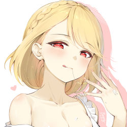 Rule 34 | 1girl, :q, apron, azur lane, bare shoulders, blonde hair, blush, braid, breasts, cleavage, collarbone, colored shadow, crown braid, drop shadow, french braid, frilled apron, frills, hand up, head tilt, heart, looking at viewer, maya g, naked apron, prince of wales (azur lane), red eyes, saliva, saliva trail, shadow, short hair, simple background, smile, solo, tongue, tongue out, white apron, white background