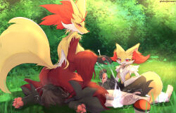 Rule 34 | 1boy, 2girls, animal ear fluff, animal ears, animal feet, animal hands, animal nose, artist name, ass, barefoot, bdsm, black fur, blush, body fur, bondage, bound, braixen, breasts, brown hair, bush, claws, closed mouth, completely nude, creatures (company), cum, cunnilingus, day, delphox, ejaculation, fang, feet, femdom, footjob, fox ears, fox girl, fox tail, from behind, full body, furry, furry female, furry with non-furry, game freak, gen 6 pokemon, girl on top, grass, green background, hand up, happy, highres, imoon, interspecies, light blush, looking at another, looking back, looking down, lying, medium breasts, multicolored fur, multiple girls, neck fur, nintendo, nude, on back, open mouth, oral, outdoors, pawpads, poke ball, poke ball (basic), pokemon, pokemon (creature), pussy juice, red eyes, red fur, rope, short hair, sitting, sitting on face, sitting on person, skin fang, smile, snout, tail, tail raised, teeth, trembling, uncensored, watermark, white fur, yellow fur