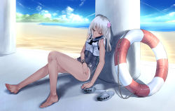 Rule 34 | 10s, 1girl, bad id, bad pixiv id, beach, covered navel, day, closed eyes, flower, hair flower, hair ornament, highres, kantai collection, legs, long hair, ocean, one-piece swimsuit, ro-500 (kancolle), rolua, sandals, unworn sandals, school swimsuit, school uniform, serafuku, sleeping, solo, swimsuit, swimsuit under clothes, tan, tanline, white hair