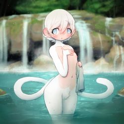 Rule 34 | 1girl, bad id, bad twitter id, blush, dot nose, female focus, flat chest, hair between eyes, hand on own chest, krocodilian, looking at viewer, monkey girl, monkey tail, monster girl, navel, nipples, nude, onsen, original, outdoors, partially submerged, rock, short hair, solo, tail, towel, wading, water, waterfall, wet, white fur, white hair