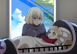 Rule 34 | 1boy, 1girl, absurdres, ahoge, azur lane, ball, bataan (azur lane), blanket, blonde hair, blue shirt, breasts, canned sardines, commentary, commission, cushion, english commentary, green hair, grey hair, hand on another&#039;s head, highres, large breasts, long sleeves, medium hair, mother and son, red shirt, shirt, soccer ball, stuffed toy, teeth, toy, upper teeth only