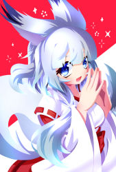 Rule 34 | 1girl, :d, animal ears, blue eyes, blue hair, blunt bangs, collarbone, endless1192, fingers together, fox ears, fox girl, hair over shoulder, hands up, highres, japanese clothes, kimono, long hair, long sleeves, looking at viewer, medium hair, open mouth, original, red background, simple background, smile, solo, upper body, white background, white kimono, wide sleeves