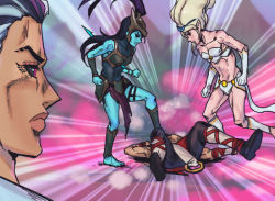 Rule 34 | 1boy, 3girls, abbacchio joins the kicking (meme), armor, bare shoulders, barefoot, black sclera, blonde hair, breasts, clenched hand, collarbone, colored sclera, emphasis lines, helmet, janna (league of legends), jojo no kimyou na bouken, kalista, kicking, league of legends, lee sin, long hair, lying, medium breasts, meme, multiple girls, navel, on back, on ground, phantom ix row, pink background, pink eyes, renata glasc, vento aureo