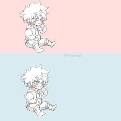 Rule 34 | 1boy, 2boys, blue background, blue eyes, child, crying, crying with eyes open, highres, hood, hoodie, hunter x hunter, killua zoldyck, male focus, multiple boys, noyaspjs, pocket, red background, short hair, simple background, sitting, tears, toddler, white hair