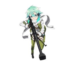 Rule 34 | 10s, 1girl, anti-materiel rifle, bipod, black gloves, black shorts, blue eyes, blue hair, bolt action, fingerless gloves, foreshortening, full body, gloves, green legwear, gun, hair ornament, highres, holding, holding weapon, looking at viewer, matching hair/eyes, official art, pgm hecate ii, rifle, scarf, scope, shorts, simple background, sinon, sniper rifle, solo, sword art online, sword art online: code register, weapon, white background
