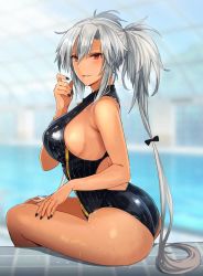 Rule 34 | 1girl, ass, bare arms, bare legs, bare shoulders, black nails, black one-piece swimsuit, blush, breasts, competition swimsuit, dark-skinned female, dark skin, fingernails, hair between eyes, highres, kantai collection, kasumi (skchkko), large breasts, long hair, looking at viewer, musashi (kancolle), musashi kai ni (kancolle), nail polish, no eyewear, one-piece swimsuit, red eyes, shiny clothes, sitting, smile, solo, swimsuit, two side up, wet, white hair