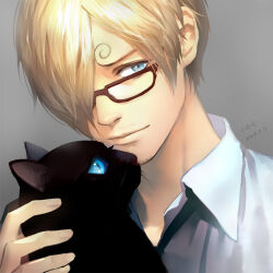 Rule 34 | 1boy, animal, blonde hair, blue eyes, cat, closed mouth, commentary, commentary request, curly eyebrows, english commentary, facial hair, glasses, hair over one eye, male focus, mixed-language commentary, one eye covered, one piece, sanji (one piece), shirt, short hair, solo, vovo2000