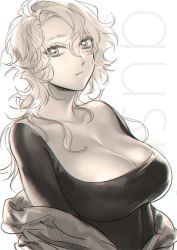 Rule 34 | 1girl, black shirt, breasts, cleavage, collarbone, female focus, hair between eyes, large breasts, long hair, looking at viewer, messy hair, monochrome, muni (fdrk), original, parted lips, shirt, sketch, solo, upper body, white background