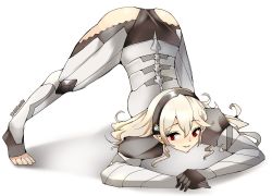 Rule 34 | 1340smile, 1girl, absurdres, armor, artist name, ass, black gloves, black hairband, commentary, corrin (female) (fire emblem), corrin (fire emblem), fire emblem, gloves, grin, guilty gear, hair between eyes, hairband, highres, jack-o&#039; challenge, long hair, looking at viewer, meme, nintendo, platinum blonde hair, pointy ears, red eyes, simple background, smile, solo, toeless legwear, top-down bottom-up, twitter username, white background