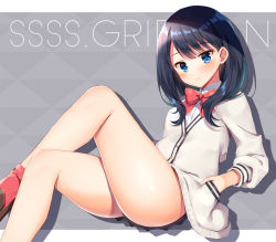 Rule 34 | 10s, 1girl, ass, black hair, blue eyes, blush, bow, brown footwear, cardigan, closed mouth, collared shirt, commentary request, copyright name, gridman universe, hand in pocket, head tilt, loafers, long hair, looking at viewer, mauve, red bow, red socks, shirt, shoes, sitting, socks, solo, ssss.gridman, takarada rikka, thighs, white cardigan, white shirt