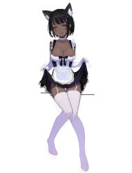 Rule 34 | 1girl, animal ear fluff, animal ears, apron, areola slip, black dress, black hair, breasts, cat ears, choker, cleavage, closed mouth, clothes lift, dark-skinned female, dark skin, de yi, dress, dress lift, elbow gloves, full body, garter straps, gloves, highres, large breasts, lifted by self, looking at viewer, maid, maid apron, no shoes, orange eyes, original, panties, short dress, short hair, simple background, sitting, solo, thighhighs, transparent background, underwear, white choker, white gloves, white panties, white thighhighs