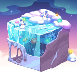 Rule 34 | blue headwear, blush, blush stickers, brown eyes, cave, chilly (kirby), cloud, commentary request, crystal, frozen, fujiwara (fujiwara43), full body, gradient sky, hat, ice, ice cave, isometric, kirby (series), night, night sky, nintendo, no humans, scenery, sky, snow, snowman, standing, star (sky), starry sky, waddle dee