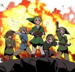 Rule 34 | 5boys, belt, blonde hair, brown hair, crossed arms, elf, explosion, gloves, green headwear, green tunic, hair over one eye, hat, highres, link, looking at viewer, makuro, mark on hand, multiple boys, multiple persona, nintendo, pointy ears, sentai, sidelocks, standing, strap, the legend of zelda, the legend of zelda: breath of the wild, the legend of zelda: ocarina of time, the legend of zelda: skyward sword, the legend of zelda: twilight princess, zelda ii: the adventure of link
