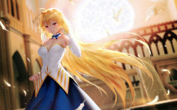 Rule 34 | 1girl, ahoge, archetype earth, arcueid brunestud, backlighting, bird, blonde hair, blue skirt, bodice, breasts, cangkong, choker, church, cleavage, cowboy shot, detached collar, detached sleeves, dove, feathers, floating hair, hand up, highres, indoors, light smile, long hair, looking at viewer, medium breasts, red eyes, ribbon-trimmed collar, ribbon choker, ribbon trim, skirt, sleeves past wrists, solo, strapless, tsukihime, type-moon, very long hair, wallpaper, yellow theme