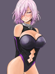 Rule 34 | 1girl, arms behind back, bare shoulders, black dress, black gloves, black leotard, black thighhighs, blush, breasts, cleavage, cleavage cutout, clothing cutout, cowboy shot, detached sleeves, dress, elbow gloves, embarrassed, fate/grand order, fate (series), female focus, gloves, hair over one eye, highleg, highleg leotard, highres, jewelry, kuzumin, large breasts, leotard, light purple hair, lips, mash kyrielight, mashu kyrielite, navel, navel cutout, neck, neck ring, purple eyes, purple gloves, purple hair, purple leotard, short hair, shy, simple background, sleeveless, sleeveless leotard, solo, standing, thighhighs, type-moon