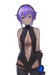 Rule 34 | 1girl, absurdres, arms behind back, bare shoulders, belt, black gloves, black hairband, black leotard, blush, breasts, center opening, closed mouth, commentary request, dark-skinned female, dark skin, eyebrows hidden by hair, fate/grand order, fate/prototype, fate/prototype: fragments of blue and silver, fate (series), gloves, hairband, hassan of serenity (fate), highres, leggings, leotard, medium breasts, navel, purple eyes, purple hair, short hair, simple background, solo, taruto (takug0812), white background