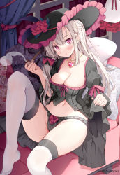 Rule 34 | 1girl, black hat, black panties, breasts, cleavage, couch, curtains, hair ribbon, hat, heart, heart necklace, holding, holding smoking pipe, hoshino koucha, indoors, jewelry, long hair, looking at viewer, medium breasts, melonbooks, navel, necklace, on couch, original, panties, pink eyes, red ribbon, ribbon, sitting, smoke, smoking pipe, solo, thighhighs, underwear, white hair, white thighhighs