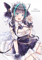 Rule 34 | 1girl, :3, absurdres, apron, aqua eyes, aqua hair, aqua nails, artist name, azur lane, black hair, black ribbon, blush, breasts, character name, cheshire (azur lane), cleavage, commentary, detached sleeves, dress, english commentary, garter belt, garter straps, highres, large breasts, looking at viewer, maid, maid headdress, multicolored hair, nail polish, open mouth, puffy detached sleeves, puffy sleeves, purple apron, ribbon, smile, solo, streaked hair, tanxkaa, thighhighs, white thighhighs