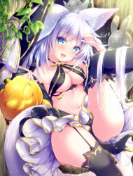 Rule 34 | 1girl, :d, animal ears, armpits, ass, bare shoulders, bikini, black bikini, blue eyes, blurry, breasts, cleavage, commentary request, criss-cross halter, depth of field, fox ears, fox girl, fox tail, garter straps, ghost, halloween, halterneck, hand up, jack-o&#039;-lantern, kabocha usagi, layered skirt, leaf, leg up, long hair, looking at viewer, medium breasts, miniskirt, navel, open mouth, original, plant, silver hair, skirt, smile, solo, stomach, swimsuit, tail