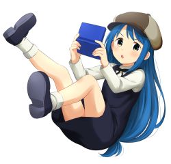 Rule 34 | 10s, 1girl, aoyama kotoha (mitsuboshi colors), black ribbon, blue dress, blue footwear, blue hair, blue vest, blush, brown eyes, commentary request, dress, full body, handheld game console, hat, highres, holding, long hair, long sleeves, looking at viewer, low-tied long hair, mitsuboshi colors, neck ribbon, nintendo ds, parted lips, ribbon, sekina, shirt, shoes, short dress, socks, solo, vest, white shirt, white socks